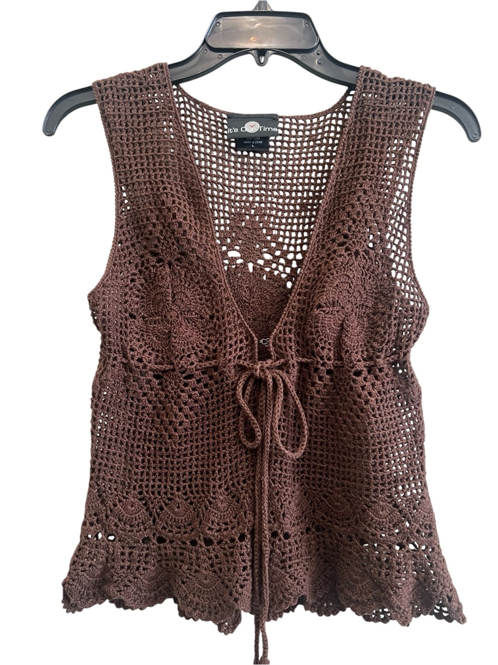 Crochet Tie-Front Vest in Chocolate Brown